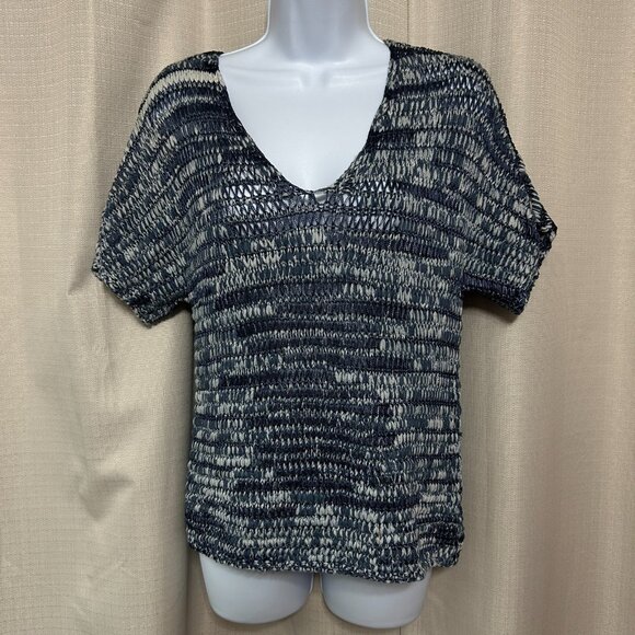 Eileen Fisher V-Neck Pullover Short Sleeve Crochet Sweater Women's Size XS Blue - Picture 1 of 8